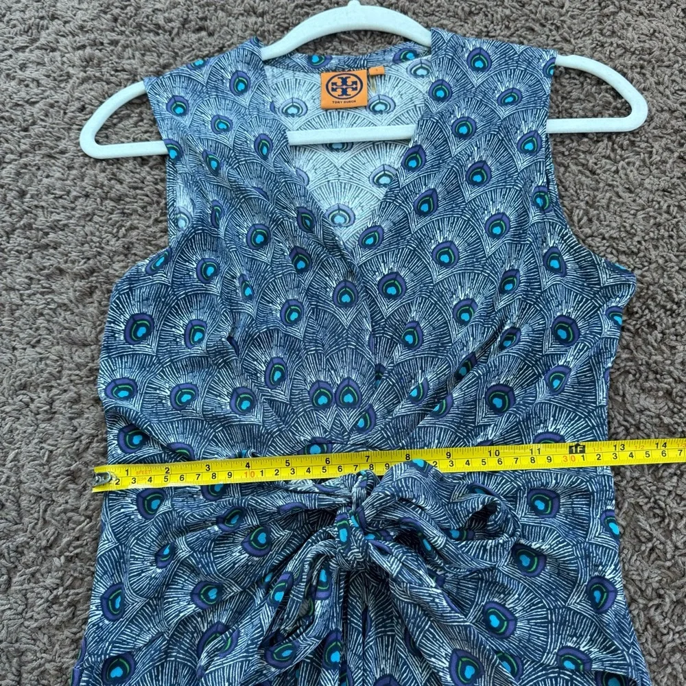 Tory Burch 100% Silk Wrap Dress Peacock Feather Print Sleeveless Purple Blue S - Picture 11 of 13